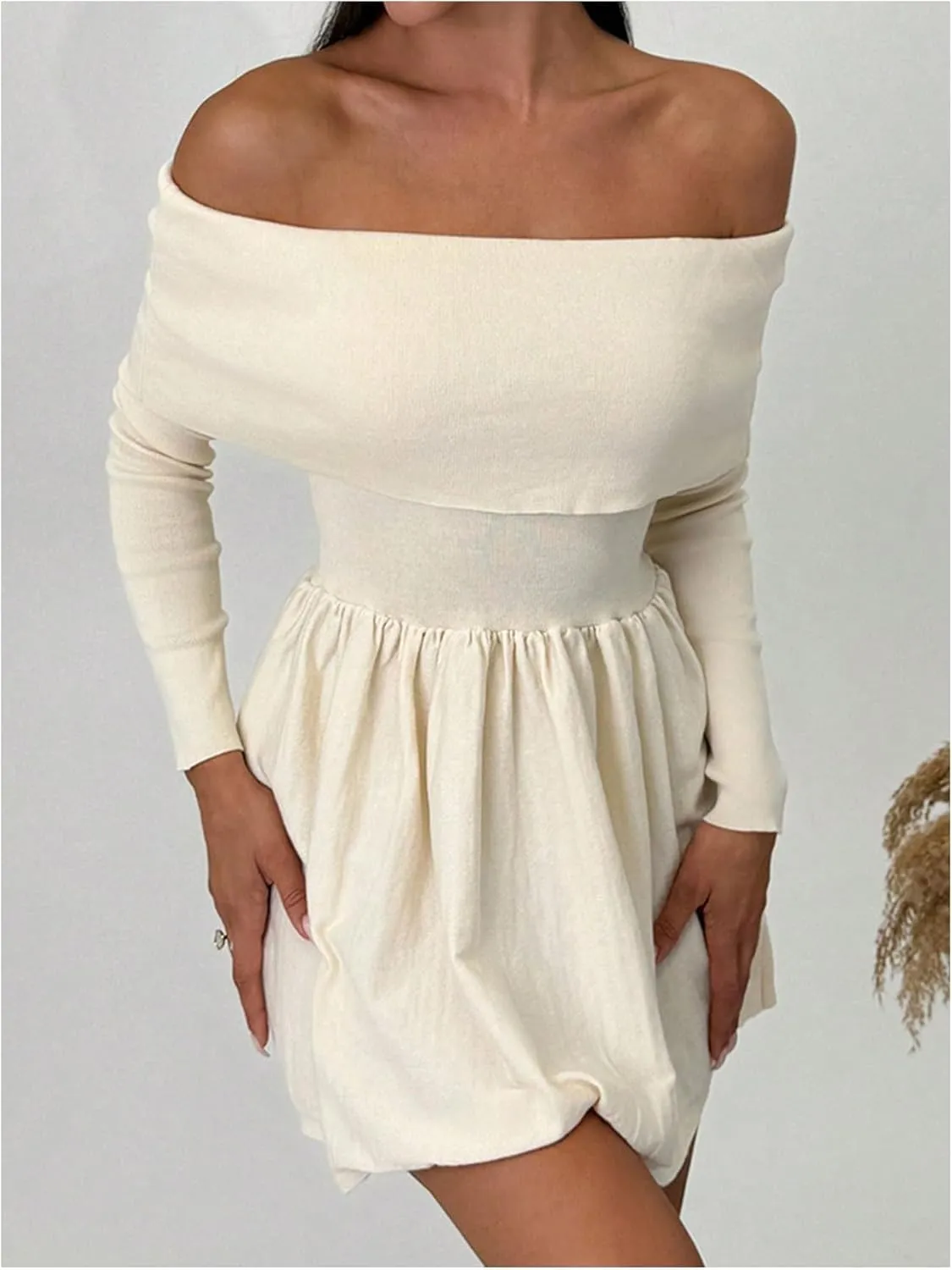 SOLY HUX Women's Off The Shoulder Sweater Dress Long Sleeve A Line Ruffle Hem Knit Mini Dresses