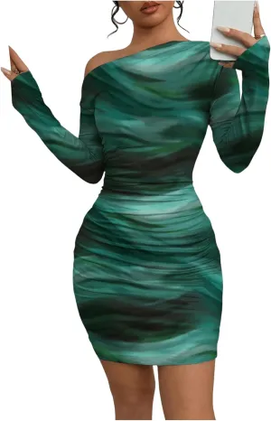 SOLY HUX Women's Sexy Off The Shoulder Bodycon Mini Dress Tie Dye Long Sleeve Ruched Asymmetrical Club Dresses