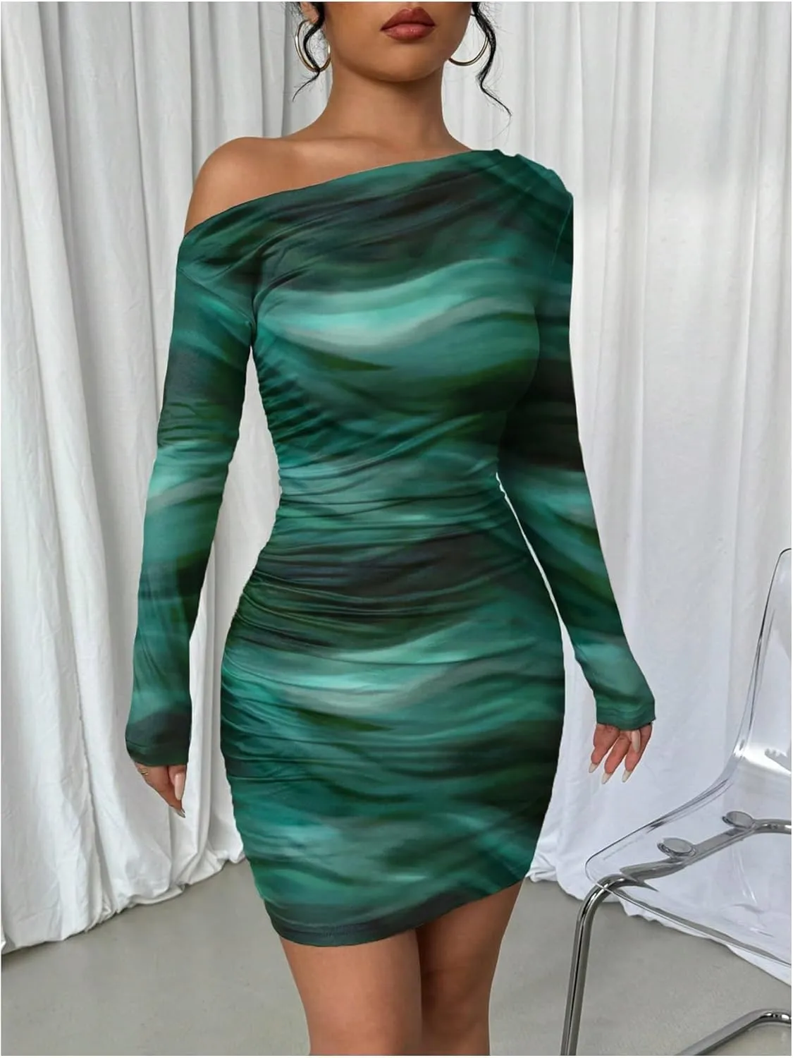 SOLY HUX Women's Sexy Off The Shoulder Bodycon Mini Dress Tie Dye Long Sleeve Ruched Asymmetrical Club Dresses
