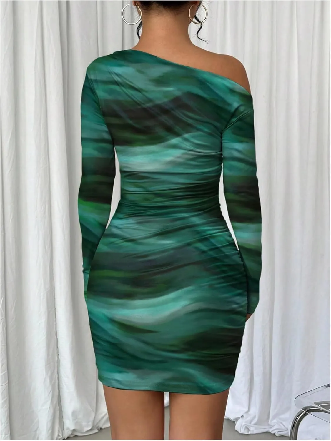 SOLY HUX Women's Sexy Off The Shoulder Bodycon Mini Dress Tie Dye Long Sleeve Ruched Asymmetrical Club Dresses