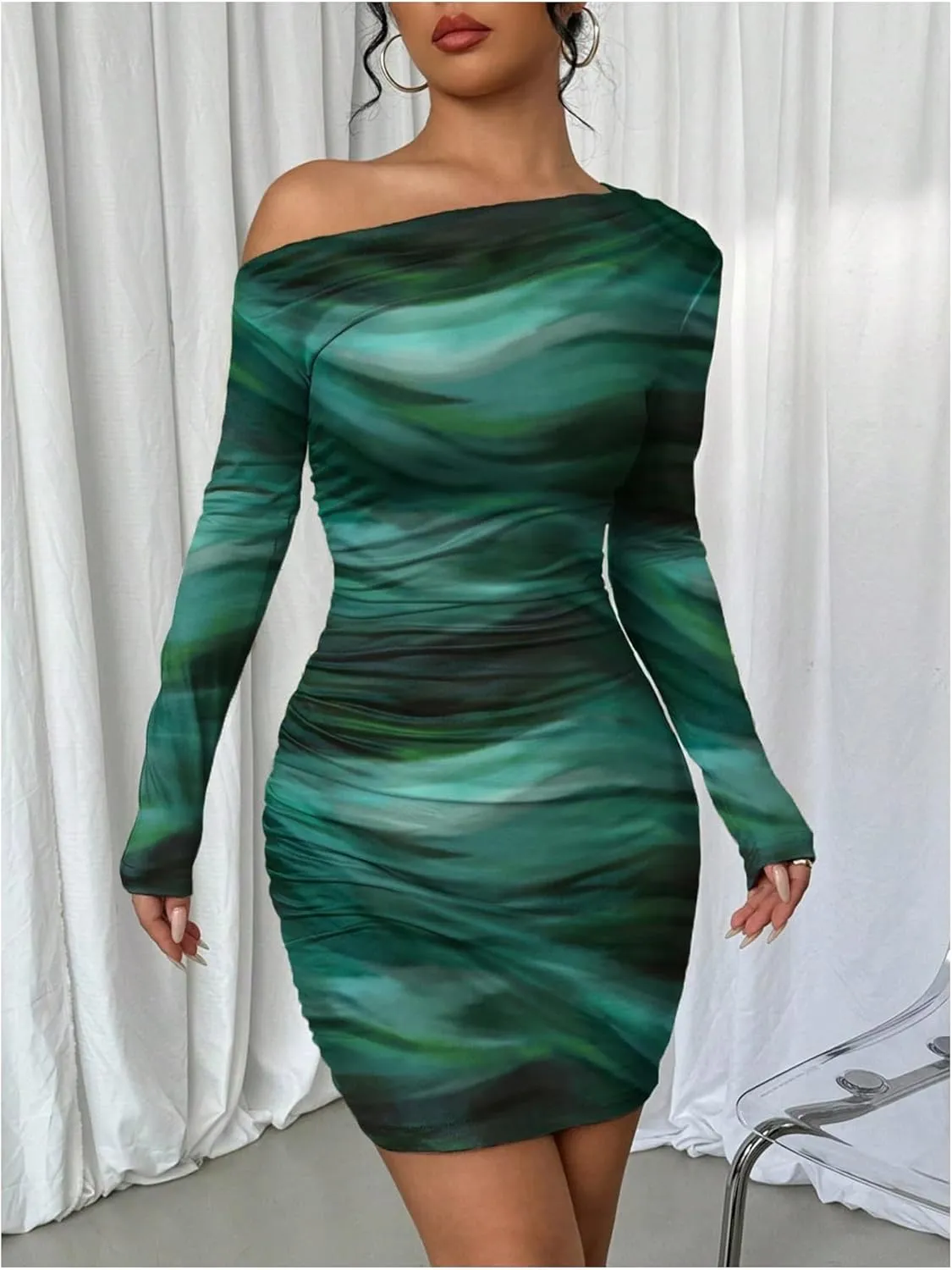 SOLY HUX Women's Sexy Off The Shoulder Bodycon Mini Dress Tie Dye Long Sleeve Ruched Asymmetrical Club Dresses