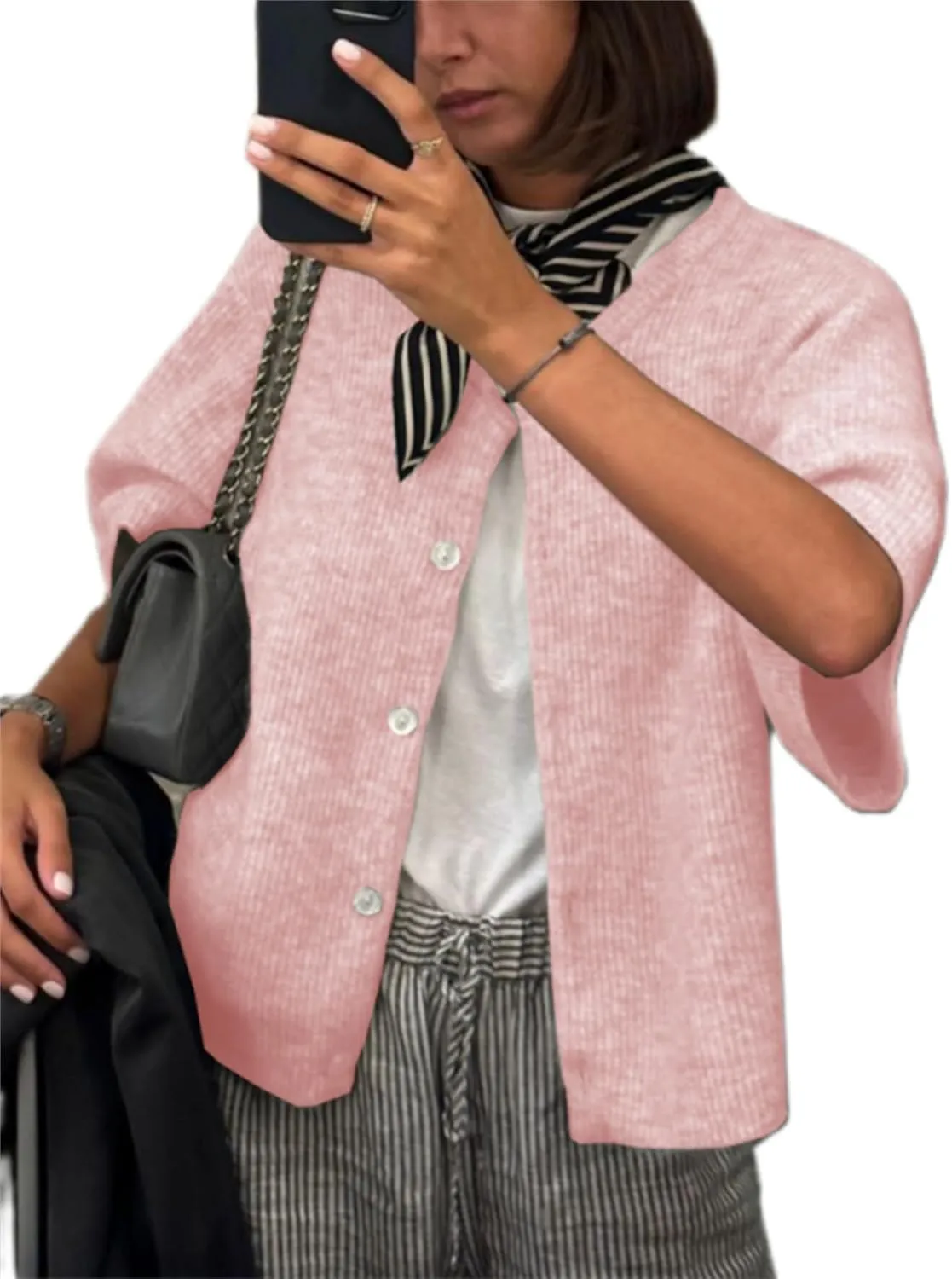 Sumleno Womens Ribbed Knit Cardigan Y2k Crop Top Short Sleeve Button Down Open Front Sweater Loose Casual Cardigan