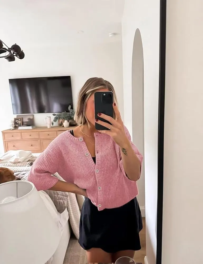 Sumleno Womens Ribbed Knit Cardigan Y2k Crop Top Short Sleeve Button Down Open Front Sweater Loose Casual Cardigan
