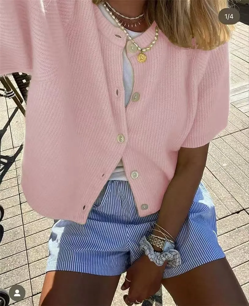 Sumleno Womens Ribbed Knit Cardigan Y2k Crop Top Short Sleeve Button Down Open Front Sweater Loose Casual Cardigan