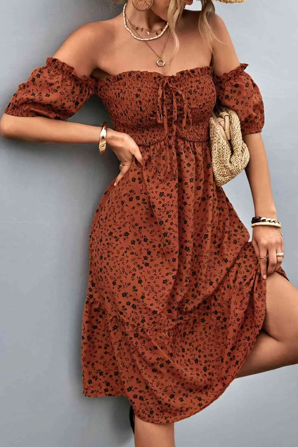TEEK - Floral Smocked Frill Off-Shoulder Dress