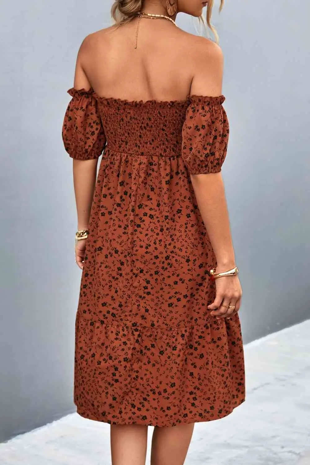 TEEK - Floral Smocked Frill Off-Shoulder Dress