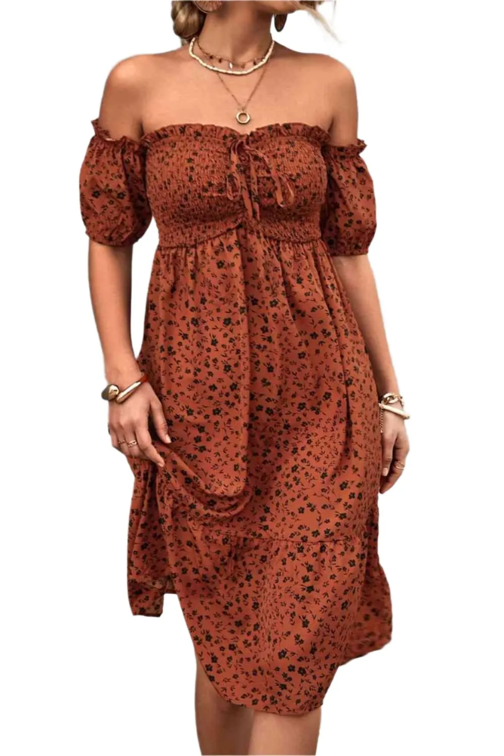 TEEK - Floral Smocked Frill Off-Shoulder Dress