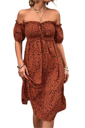 TEEK - Floral Smocked Frill Off-Shoulder Dress