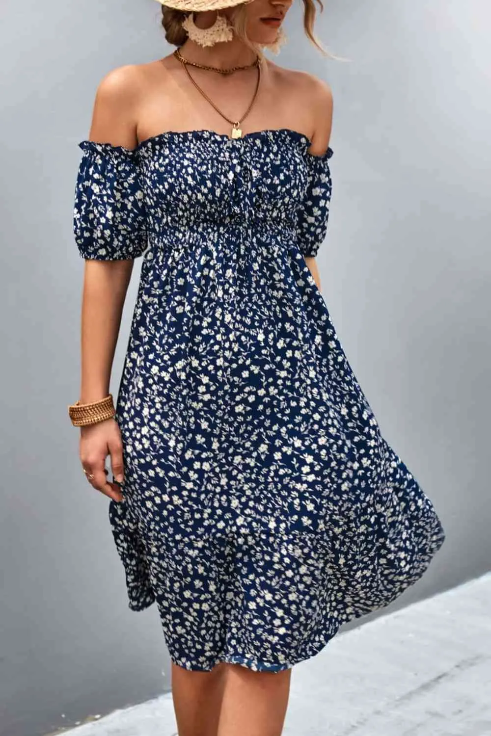 TEEK - Floral Smocked Frill Off-Shoulder Dress
