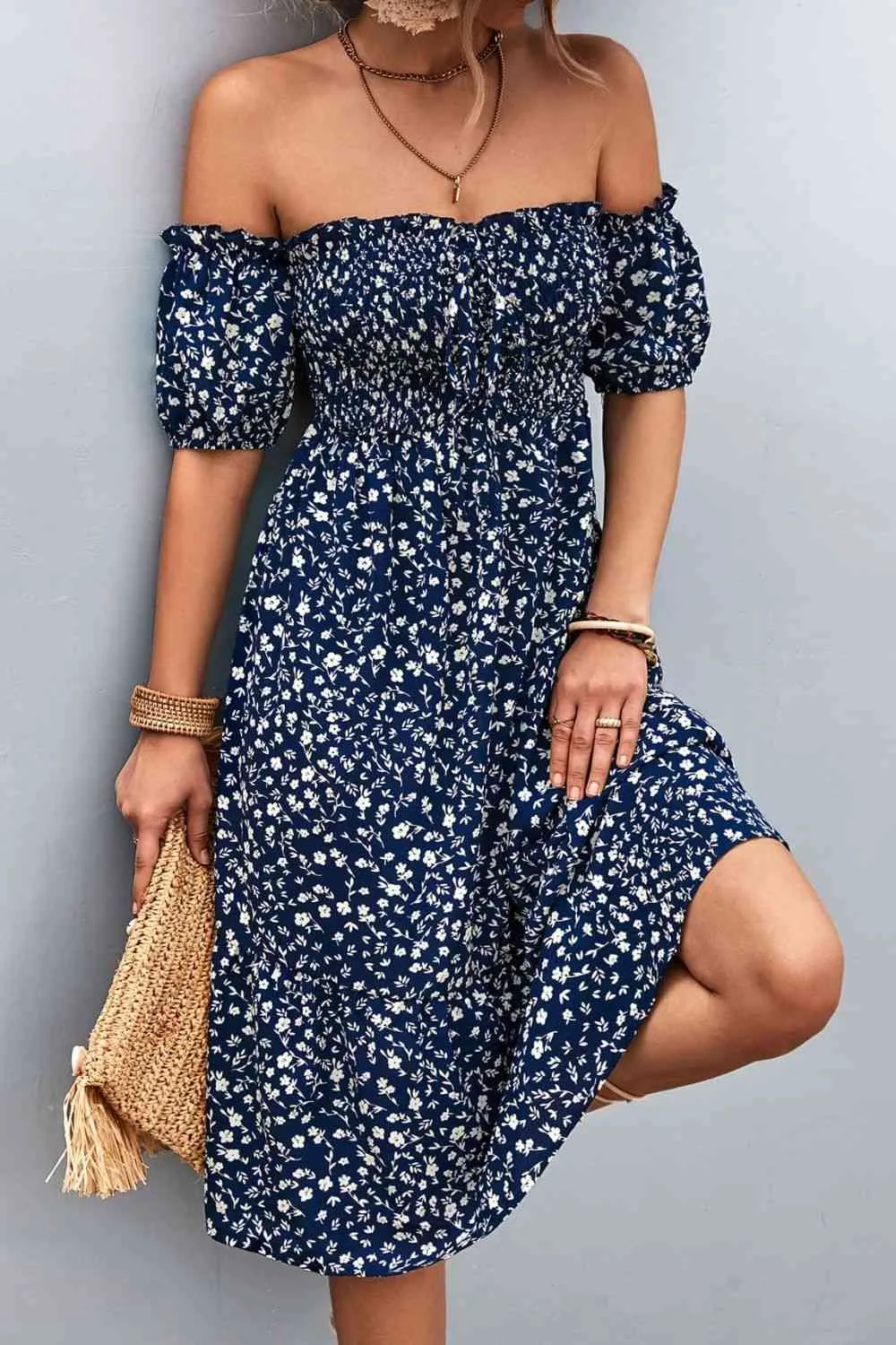 TEEK - Floral Smocked Frill Off-Shoulder Dress