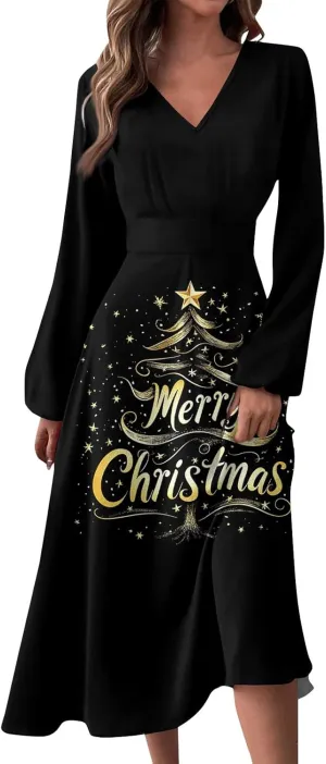 Women's Long Sleeve Dressy Dresses Casual V-Neck Fashion Midi Winter Christmas Printed Trendy Swing Dress