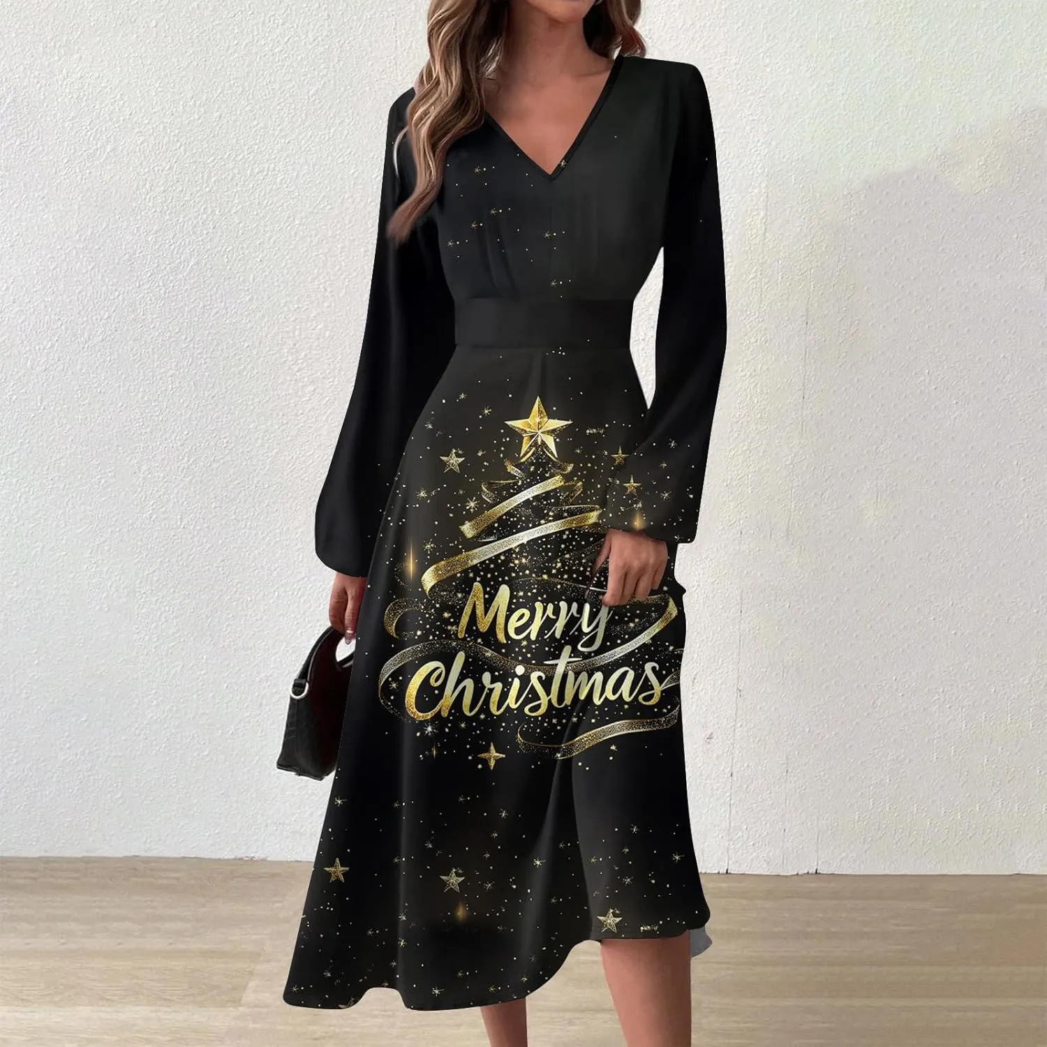 Women's Long Sleeve Dressy Dresses Casual V-Neck Fashion Midi Winter Christmas Printed Trendy Swing Dress
