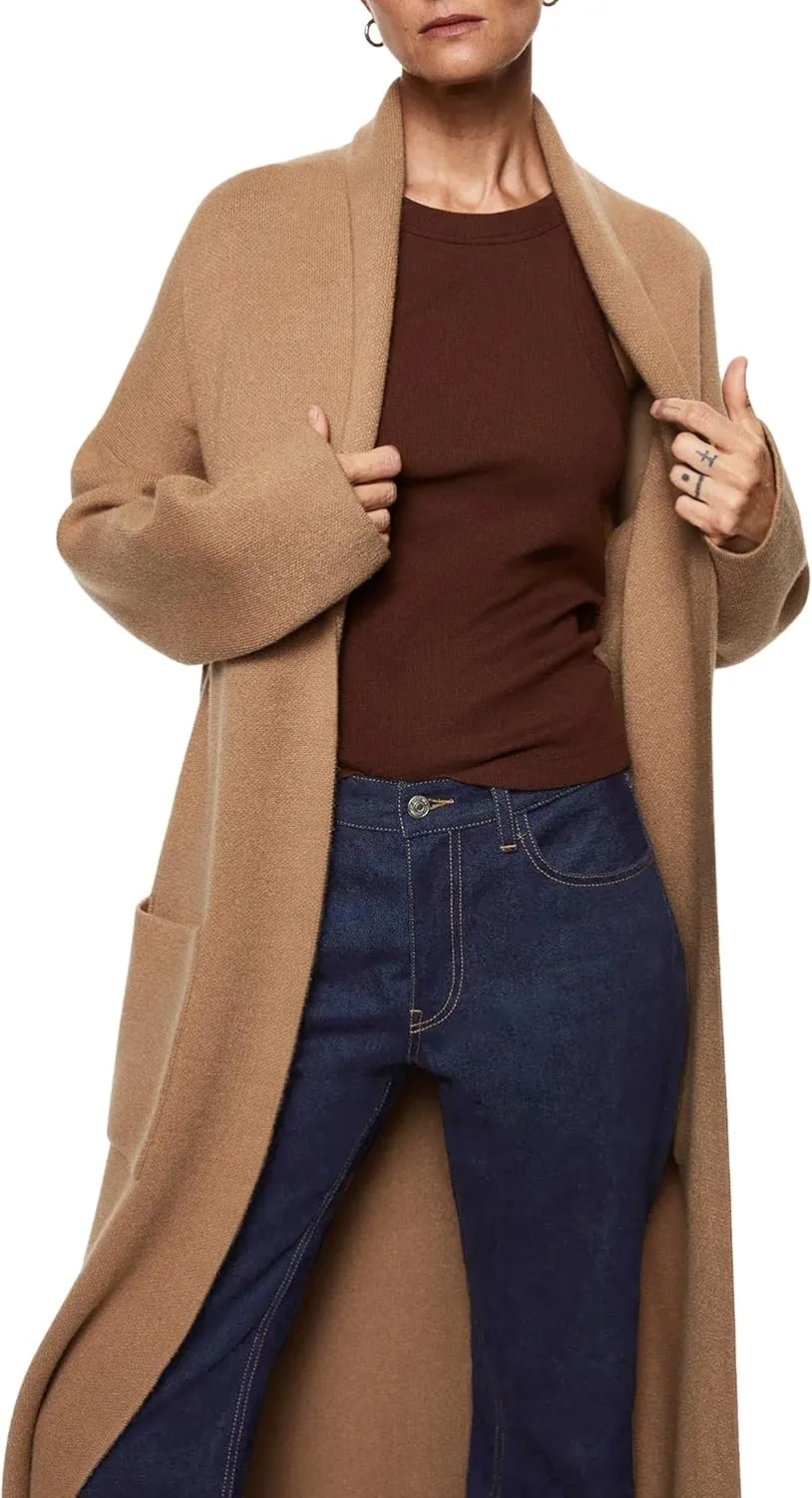 Womens Long Sleeve Maxi Cardigan Open Front Oversized Knitted Sweater Coat Casual Lapel Warm Overcoat with Pockets